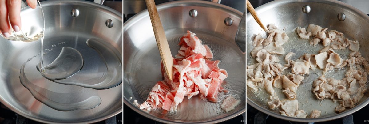 A hand pours oil into a pan, raw sliced meat is added and stirred with a wooden spatula, then the meat is cooked and browned in the pan—preparing the savory base for classic tonpeiyaki.