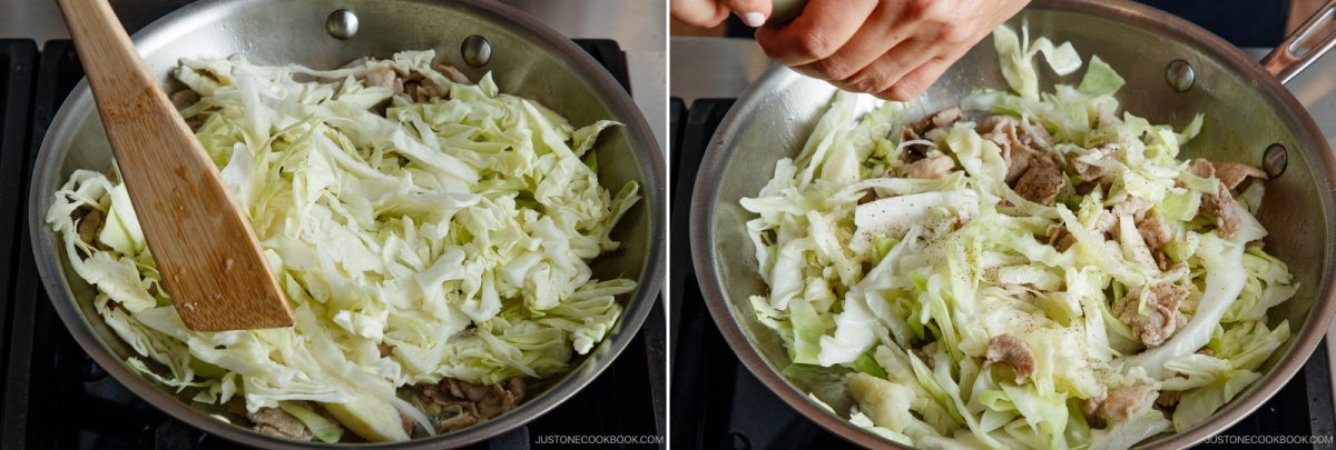 Two images show cabbage and meat cooking in a stainless steel skillet as part of preparing tonpeiyaki. On the left, a spatula stirs cabbage; on the right, a hand sprinkles seasoning onto cabbage and meat. Both scenes are on a stovetop.