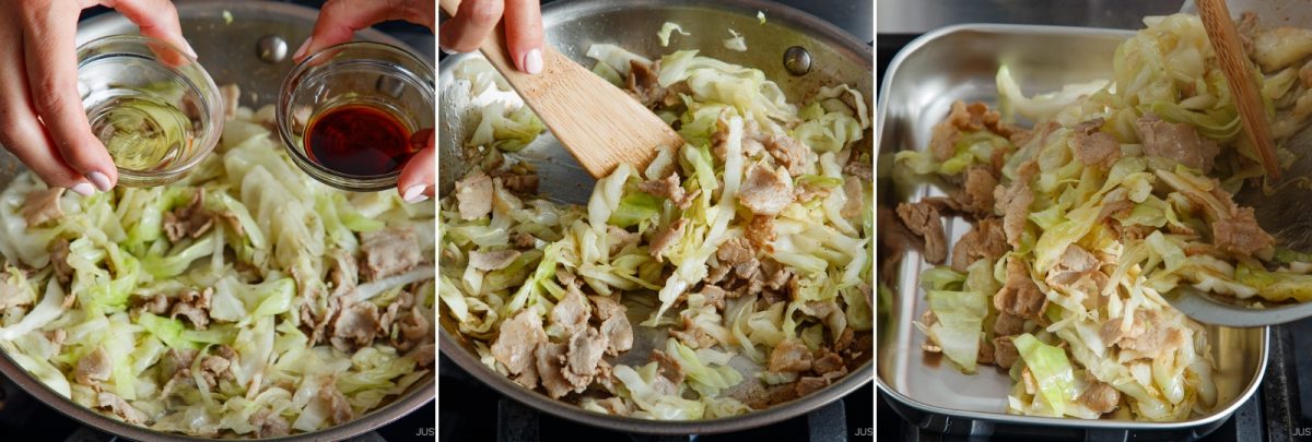 Three images show cabbage and pork being stir-fried in a pan for tonpeiyaki: adding sauces, stirring with a spatula, then transferring the cooked dish to a plate.