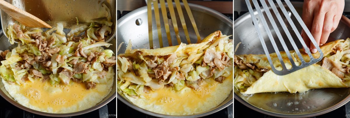 A sequence showing a classic tonpeiyaki—a savory omelette with meat and cabbage—cooking in a pan, being folded with a spatula in three steps.
