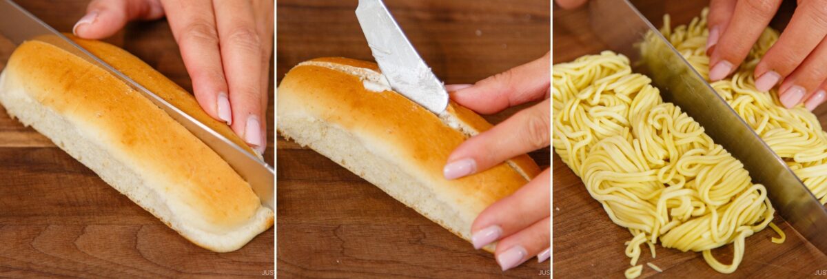 A three-panel image: first, a hand slices a bun lengthwise for yakisoba pan; second, a hand spreads butter on the open bun; third, a hand uses a knife to cut a block of uncooked instant noodles on a wooden board.