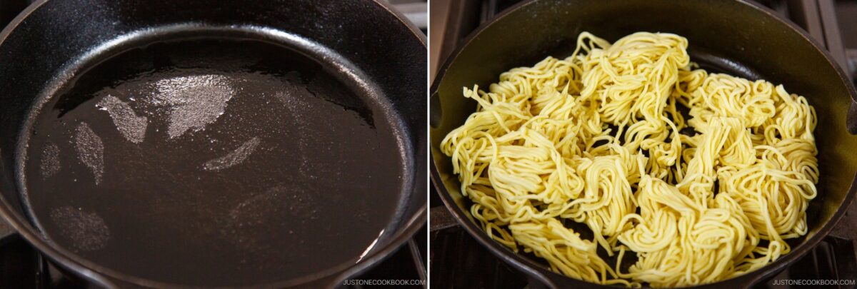 Side-by-side images: the left shows an empty, oiled black skillet; the right features the skillet filled with uncooked yellow noodles, ready to be cooked for a yakisoba pan.