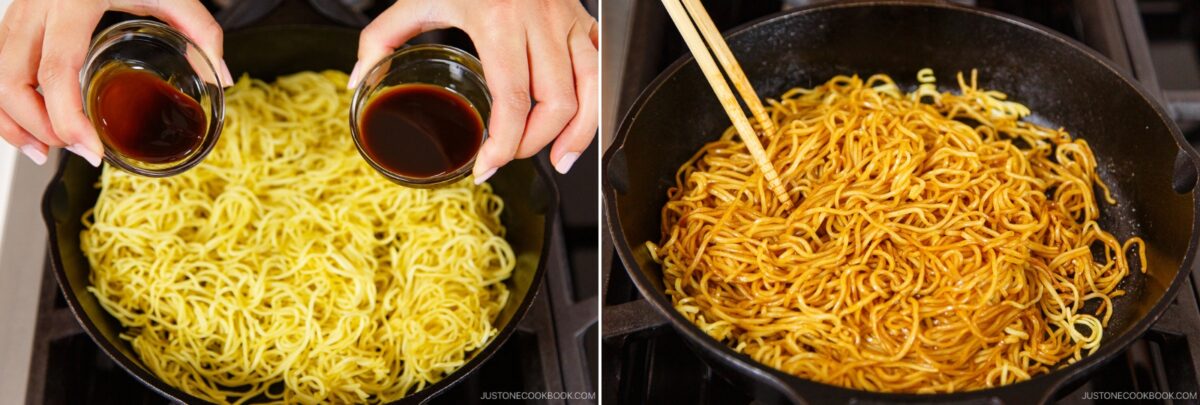 Two side-by-side images: hands pour sauce over yellow noodles in a skillet on the left, and on the right, the noodles—perfect for yakisoba pan—are tossed and coated in sauce with chopsticks in the same skillet.