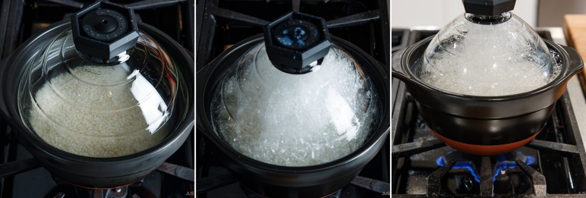 Three sequential photos show raw rice in a clay pot, the rice boiling, and the finished cooked rice inside the pot on a gas stove.