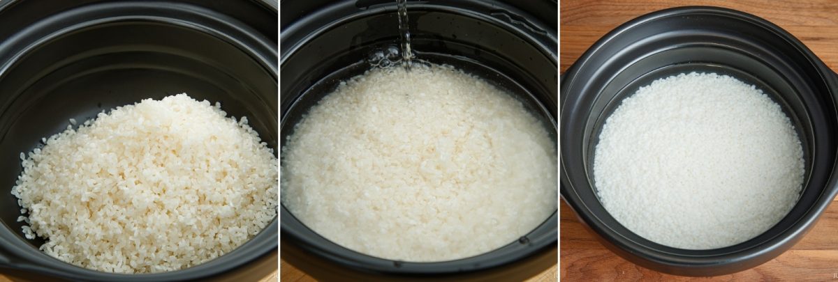 A three-part sequence showing how to cook rice in a donabe: dry white rice in a black pot, water being poured over the grains, and the rice soaking in the water.