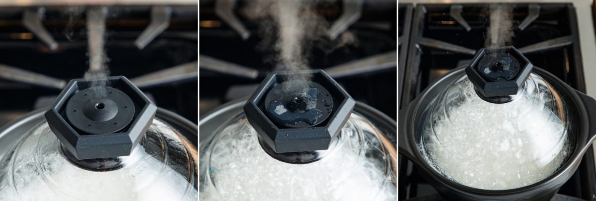 Three views of a donabe, showing how to cook rice as steam escapes from the hexagonal vent in the glass lid.
