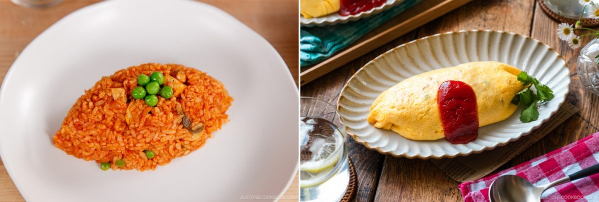 A split image showing Japanese Chicken Rice (Midnight Diner) with peas on the left, and an omelet topped with ketchup on the right, both served on plates.
