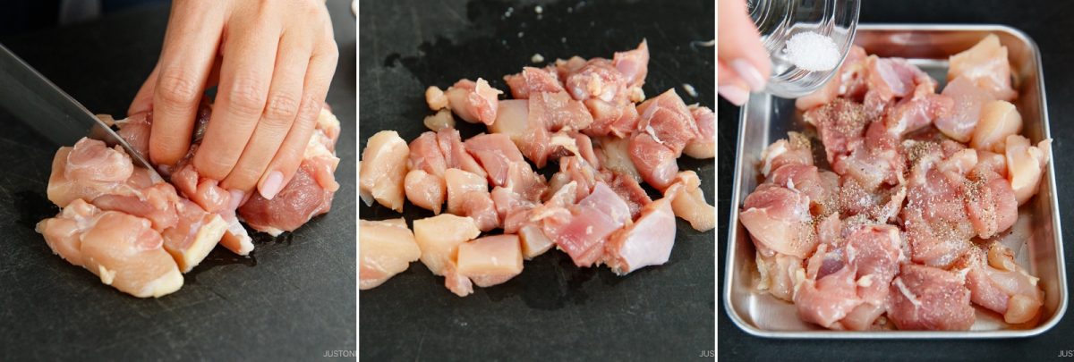 Three images: cutting raw chicken into cubes for Japanese Chicken Rice (Midnight Diner), diced chicken pieces on a board, and adding salt and pepper to the chicken pieces in a metal tray.
