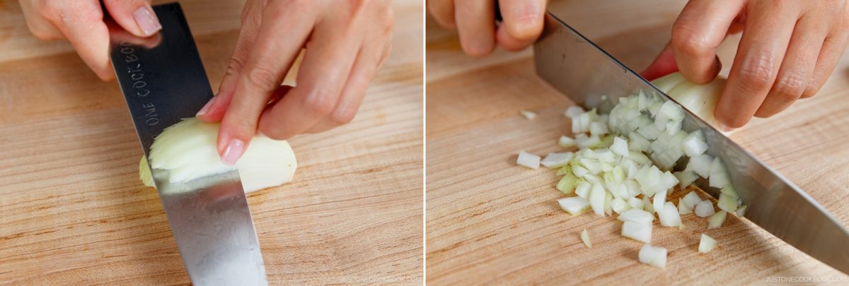Two-panel image: hands using a large knife to dice an onion on a wooden cutting board—a key step in preparing Japanese Chicken Rice (Midnight Diner); the first panel shows slicing, the second reveals the onion cut into small pieces.