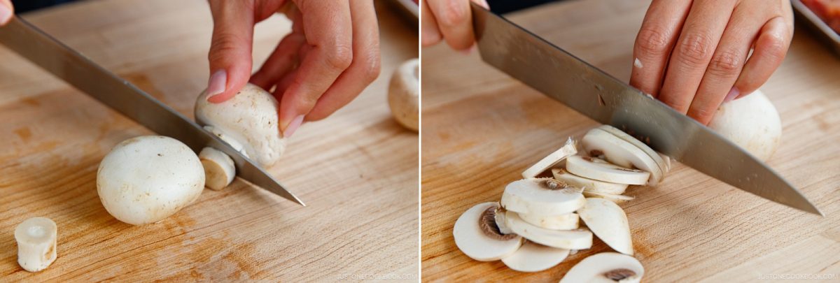 Two-panel image showing hands slicing a white mushroom on a wooden cutting board with a sharp knife; first, the stem is cut off, then the mushroom is sliced into thin pieces—just as you would when preparing fresh ingredients for Japanese Chicken Rice (Midnight Diner).