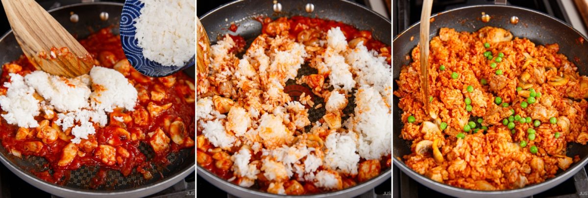 Three photos show rice being added to a skillet with red stir-fried chicken, mixed together to create Japanese Chicken Rice (Midnight Diner style), and then the finished dish topped with peas.