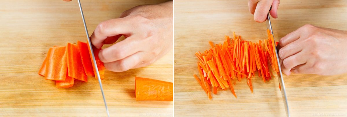Two images side by side: hands slicing carrot sticks on a wooden cutting board, then finely julienning the carrot sticks with a knife—preparation steps often used when making Kinpira Gobo (Braised Burdock Root).