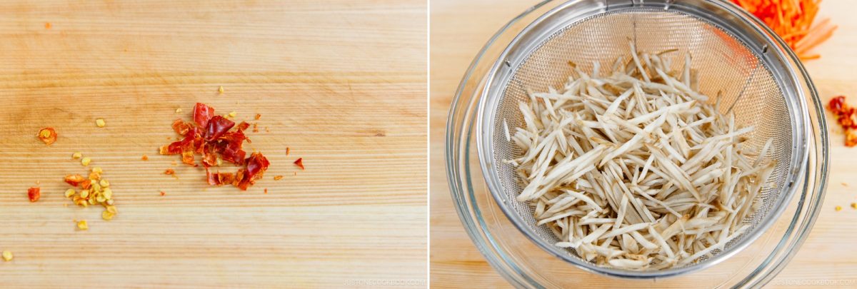 On the left, chopped red chili peppers with seeds on a wooden board. On the right, thinly sliced white root vegetables—perfect for making Kinpira Gobo (Braised Burdock Root)—rest in a mesh strainer over a glass bowl.