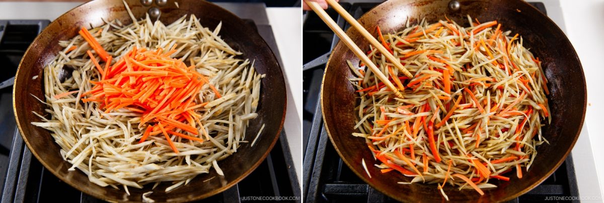 Two photos show a skillet on a stove as Kinpira Gobo (Braised Burdock Root) comes together. Left: matchstick-cut carrots are added to sautéed burdock root. Right: the vegetables are being mixed together with chopsticks.