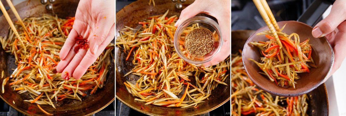 Three images show making Kinpira Gobo (Braised Burdock Root): adding chili to sautéed burdock and carrot strips, sprinkling sesame seeds, then serving the finished dish in a small bowl with chopsticks.