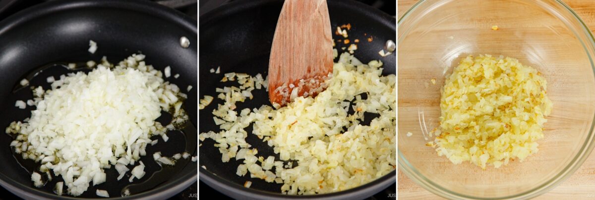 Three images show the process of sautéing chopped onions for Menchi Katsu: onions in a pan with oil, being stirred with a wooden spatula, and finally cooked onions in a glass bowl.