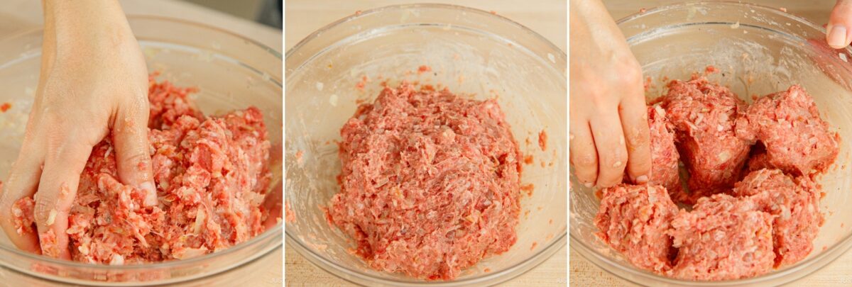 Three images show ground meat being mixed by hand in a glass bowl, the blended Menchi Katsu mixture in the bowl, and then the meat divided into portions.
