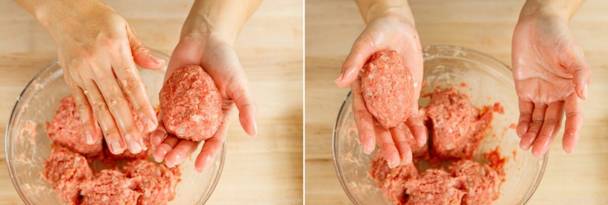 Two images side by side show hands shaping ground meat mixture into an oval Menchi Katsu patty above a bowl containing more of the same mixture on a wooden surface.