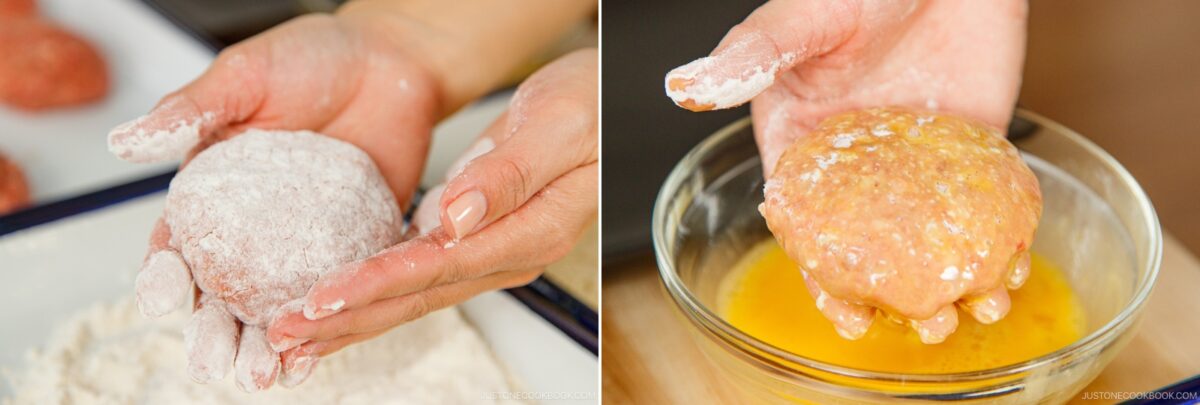 Close-up of hands breading a Menchi Katsu patty: on the left, coating it with flour; on the right, dipping it into a beaten egg mixture in a glass bowl.