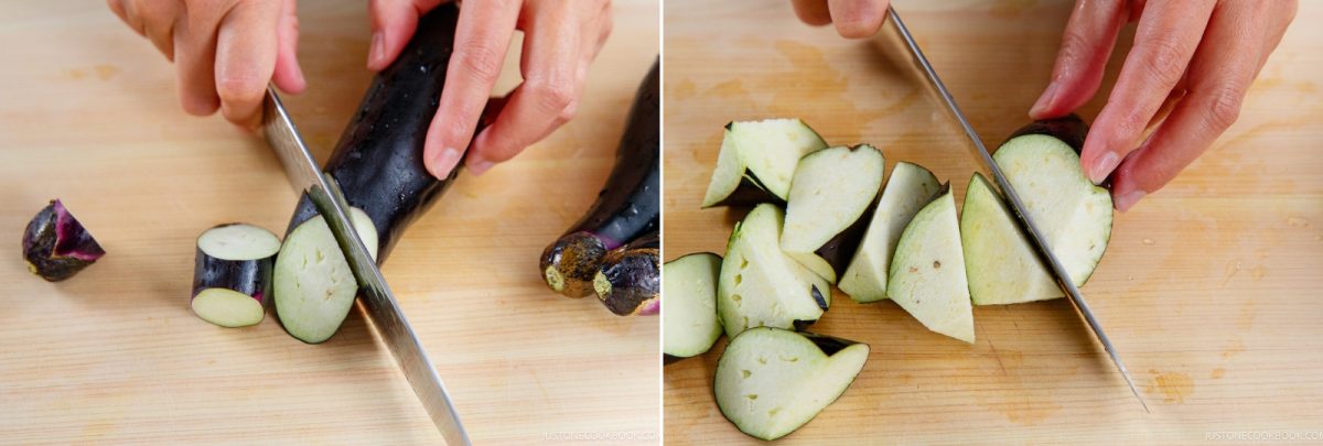 Two close-up images: hands slicing an eggplant into round pieces on the left, and then chopping the pieces into chunks on the right, both on a wooden cutting board—perfect prep steps for a delicious Miso Eggplant Stir-Fry.