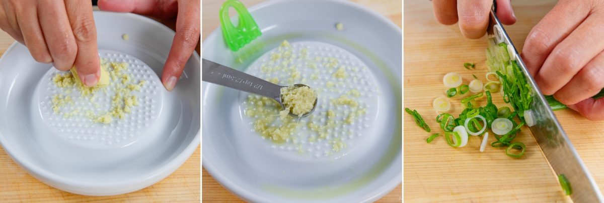 Three images: grating ginger on a ceramic plate, measuring grated ginger with a spoon, and slicing green onions on a cutting board with a knife—all essential steps in preparing ingredients for Miso Eggplant Stir-Fry.