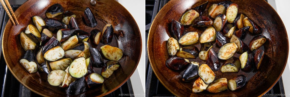 Two side-by-side images show pieces of eggplant cooking in a pan for a delicious Miso Eggplant Stir-Fry. The left side features uncooked or lightly cooked eggplant, while the right side shows the eggplant browned and perfectly cooked.