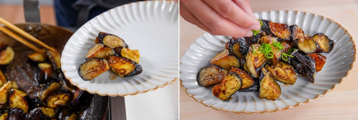 Two images: left shows cooked eggplant pieces being plated with chopsticks—capturing the savory essence of a Miso Eggplant Stir-Fry; right shows a hand sprinkling chopped green onions on top of the plated eggplant.