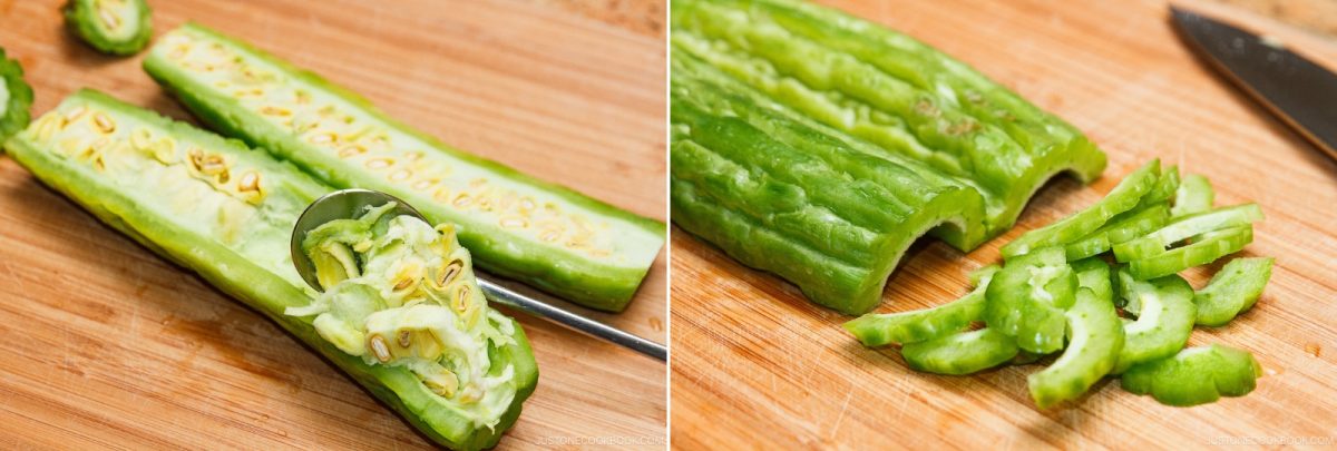 Two panels show a bitter melon being prepared for Bitter Melon and Tofu Salad: one with seeds scooped out using a spoon, and the other with the hollowed melon sliced into pieces on a wooden cutting board.