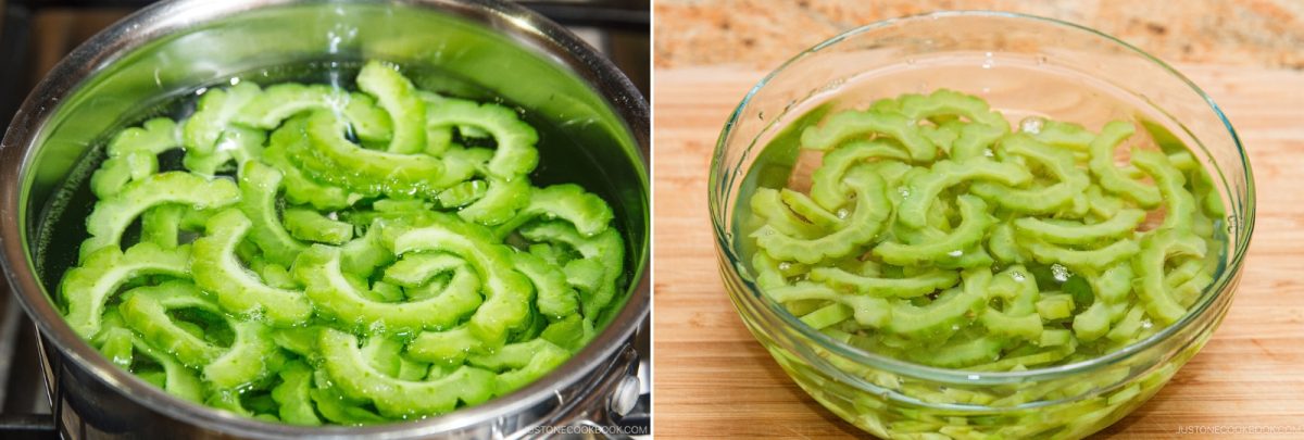 Sliced bitter melon in boiling water on the left, and in a bowl of water on the right, both images on a kitchen counter—preparing the key ingredient for a refreshing Bitter Melon and Tofu Salad.