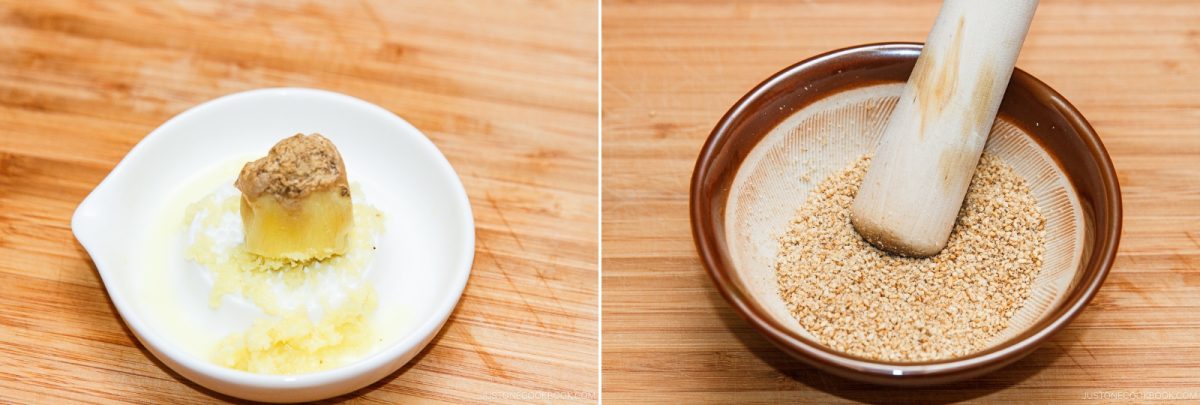 Left: A small dish with grated ginger, garlic, and a brown paste—perfect condiments to enhance the flavors of dishes like Bitter Melon and Tofu Salad. Right: A brown bowl with crushed sesame seeds being ground with a pestle on a wooden surface.