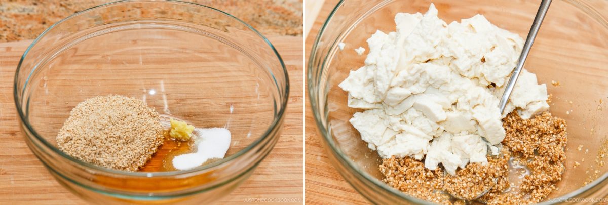 Two glass bowls: the left bowl holds breadcrumbs, honey, minced garlic, and salt; the right bowl contains crumbly tofu added to the mixed ingredients from the left bowl, with a spoon ready for mixing—perfect steps when preparing Bitter Melon and Tofu Salad.