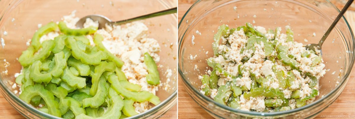 Two glass bowls display the preparation of a Bitter Melon and Tofu Salad. The left bowl contains tofu and sliced bitter melon before mixing, while the right bowl shows the ingredients thoroughly combined. Both bowls are arranged on a wooden surface, highlighting each step in making this refreshing dish.