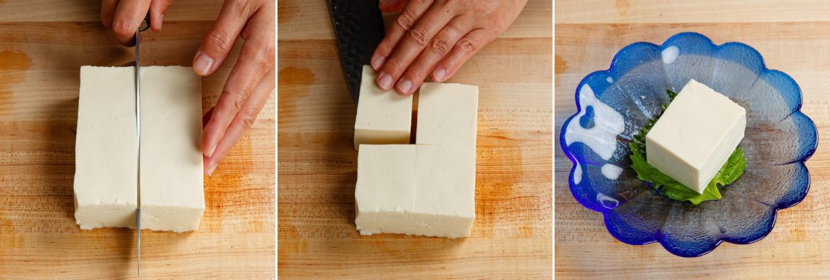 Three-panel image: hands slicing a block of tofu on a wooden cutting board, then further cutting it into smaller cubes, and finally placing a cube of Hiyayakko (Japanese Cold Tofu) on a blue glass plate with a green leaf.