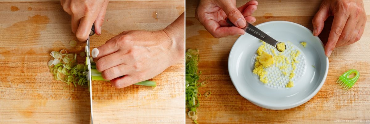Left: A hand slices a green onion on a wooden cutting board, preparing a fresh garnish for Hiyayakko (Japanese Cold Tofu). Right: A hand measures and adds salt to a white bowl with minced ginger and garlic, perfect for topping this classic dish.