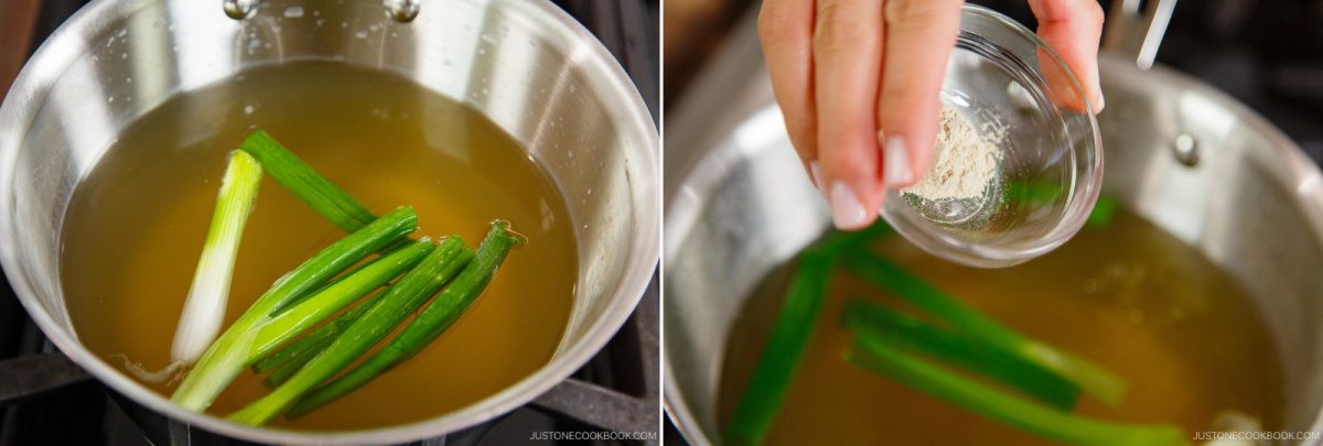Two-panel image: Left, green onions in a pot of clear broth on a stove. Right, a hand adds white pepper from a small glass bowl into the same pot—perfect steps for an authentic wonton soup recipe.