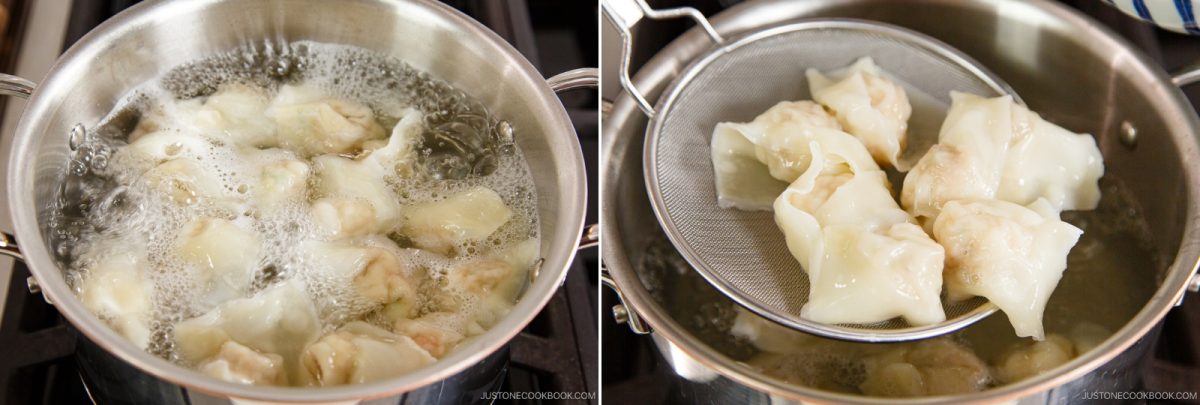 Two photos: on the left, dumplings for a wonton soup recipe are boiling in a pot of water; on the right, cooked dumplings are being lifted out of the pot with a mesh strainer.