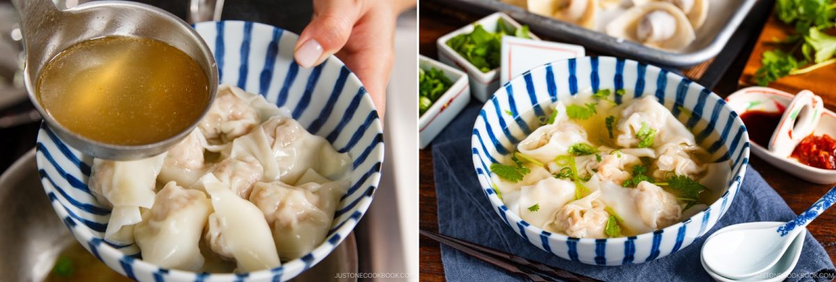 Two photos show wontons in a blue and white bowl. On the left, broth is being poured over the dumplings. On the right, the finished wonton soup recipe is garnished with herbs and surrounded by condiments and utensils.