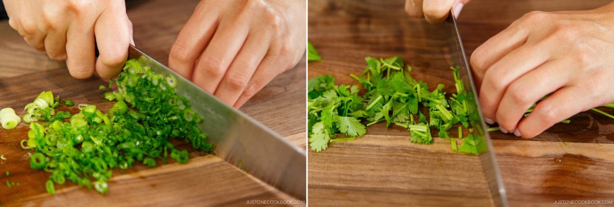 Two close-up images side by side: one shows hands chopping green onions, and the other shows hands chopping cilantro—fresh ingredients often used to garnish Wonton Soup—on a wooden cutting board with a large kitchen knife.