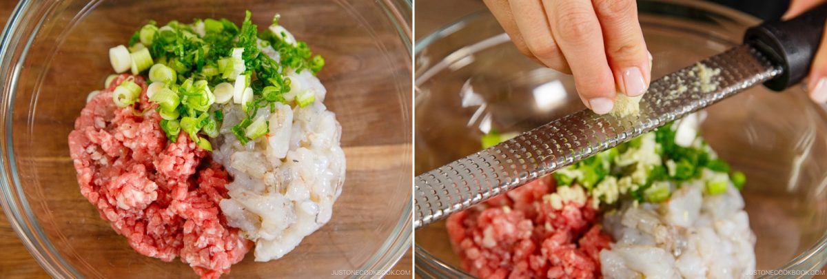 Two images side by side: on the left, a glass bowl holds ground meat, chopped green onions, and shrimp—ingredients often used in Wonton Soup; on the right, a hand grates fresh ginger into the same bowl with the savory mixture.