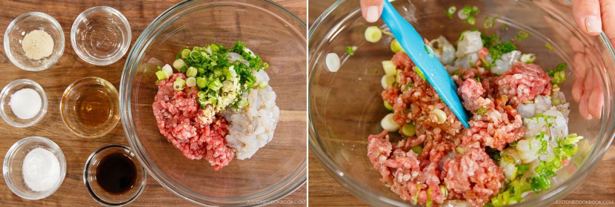 Two photos: Left—ingredients for meatballs, much like those for Wonton Soup, including ground meat, chopped green onions, spices, sauces, and seasonings. Right—hands mixing everything together in a large bowl with a blue spatula.