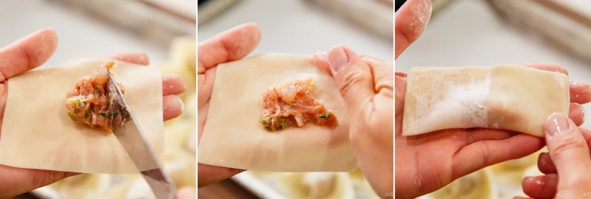 A three-panel image shows hands filling and folding a dumpling wrapper around a minced meat mixture, demonstrating the preparation steps for delicious dumplings perfect for adding to Wonton Soup.