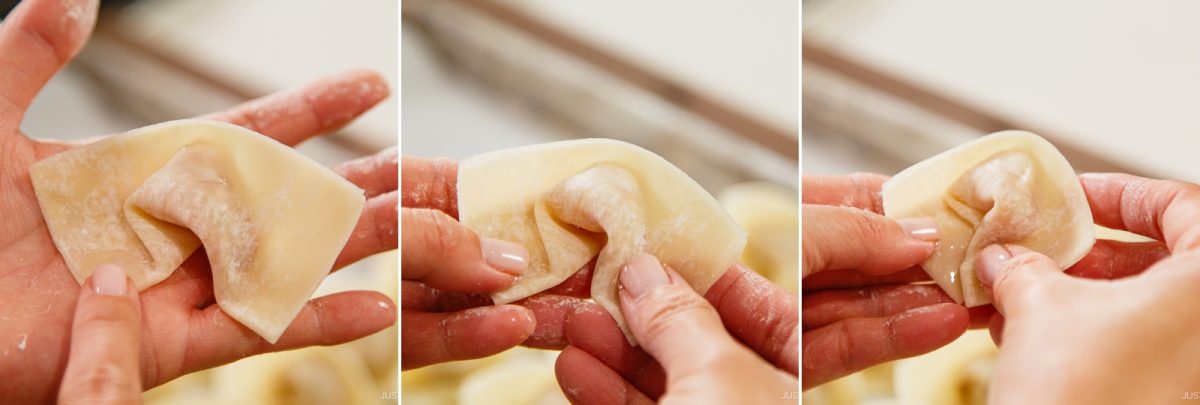 Three close-up images show hands folding a wonton wrapper around a filling, demonstrating the step-by-step process of making Wonton Soup. The hands are dusted with flour, and the background is blurred.