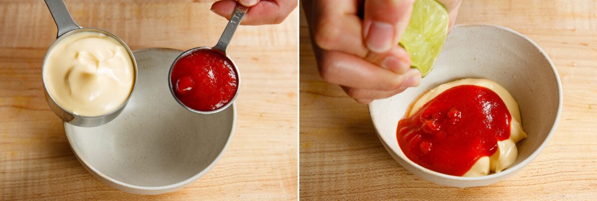 Two-panel image: On the left, a hand pours mayonnaise and ketchup into a bowl. On the right, another hand squeezes a lime over the mixture&mdash;an easy step in this homemade spicy mayo recipe, shown on a wooden surface.