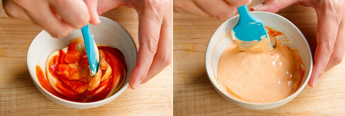 Two images side by side show hands mixing a homemade spicy mayo recipe&mdash;red sauce and mayonnaise&mdash;in a small bowl with a blue spatula. The left image shows unmixed ingredients; the right features a smooth, creamy orange sauce.
