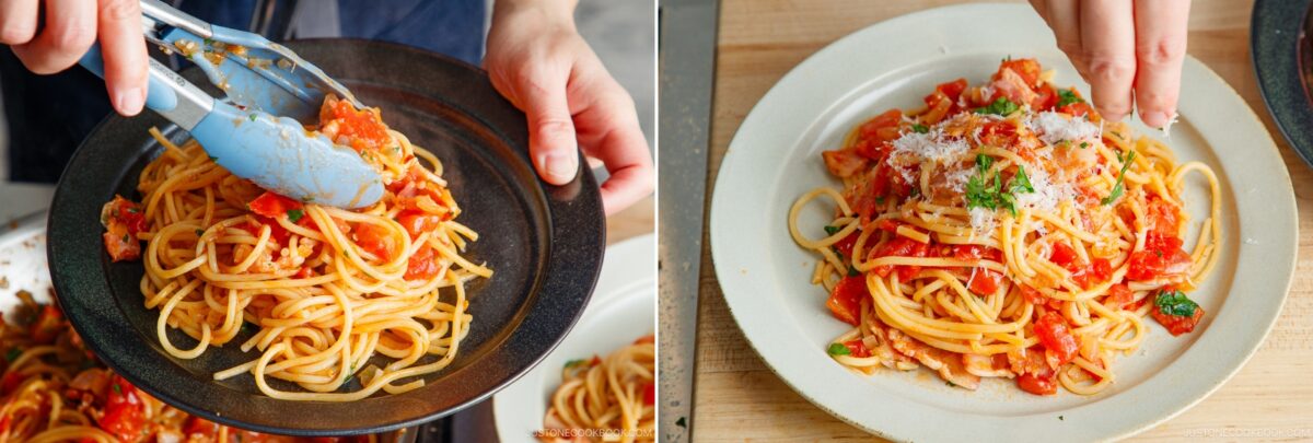 A person serves Tomato Bacon Pasta onto a dark plate using tongs; next to it, a close-up of the plated spaghetti garnished with herbs and grated cheese.