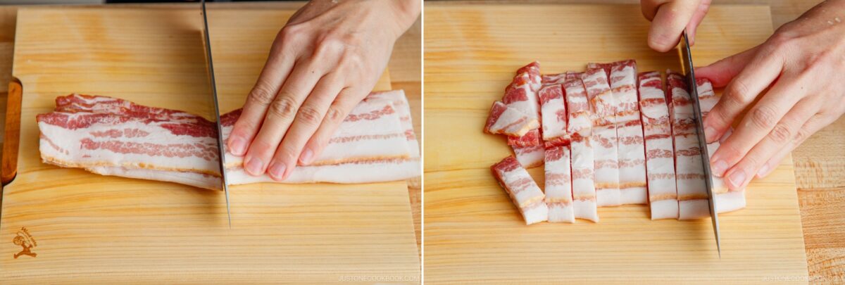 Two side-by-side images show hands slicing bacon on a wooden cutting board: the left shows cutting whole strips, while the right shows prepping bacon pieces&mdash;perfect for recipes like Tomato Bacon Pasta.