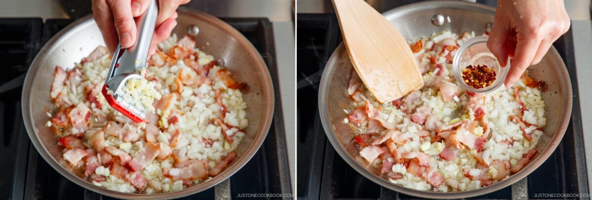 Two side-by-side photos show bacon and chopped onions sizzling in a skillet for Tomato Bacon Pasta. In the first, minced garlic is added; in the second, red pepper flakes are sprinkled as a wooden spatula rests in the pan.