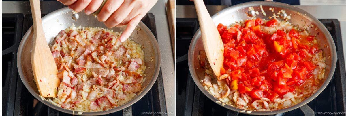 A side-by-side comparison shows bacon and onions being stirred in a pan on the left, and chopped tomatoes added to the mixture on the right&mdash;the perfect start for a hearty Tomato Bacon Pasta, both mixtures cooking together on the stove.