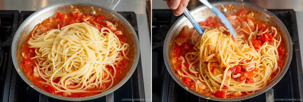 Two images side by side: cooked spaghetti is added to a skillet of savory Tomato Bacon Pasta sauce with pieces of meat, then stirred together with tongs over a stovetop.