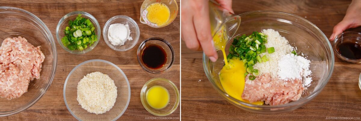 Two images: Left shows bowls with ground chicken, chopped green onions, panko, egg, cornstarch, oil, and soy sauce&mdash;classic chanko nabe (sumo stew) ingredients. Right shows these being mixed together in a large glass bowl.
